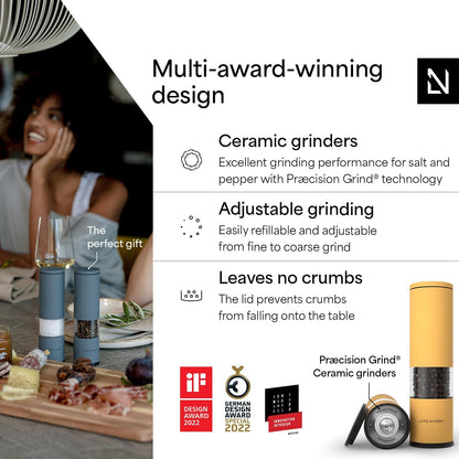 LARS NYSØM Salt and Pepper Mills Set Stainless Steel with Adjustable Ceramic Grinder 2 Pieces I Design Spice Mills Set Manual (Mustard Yellow)