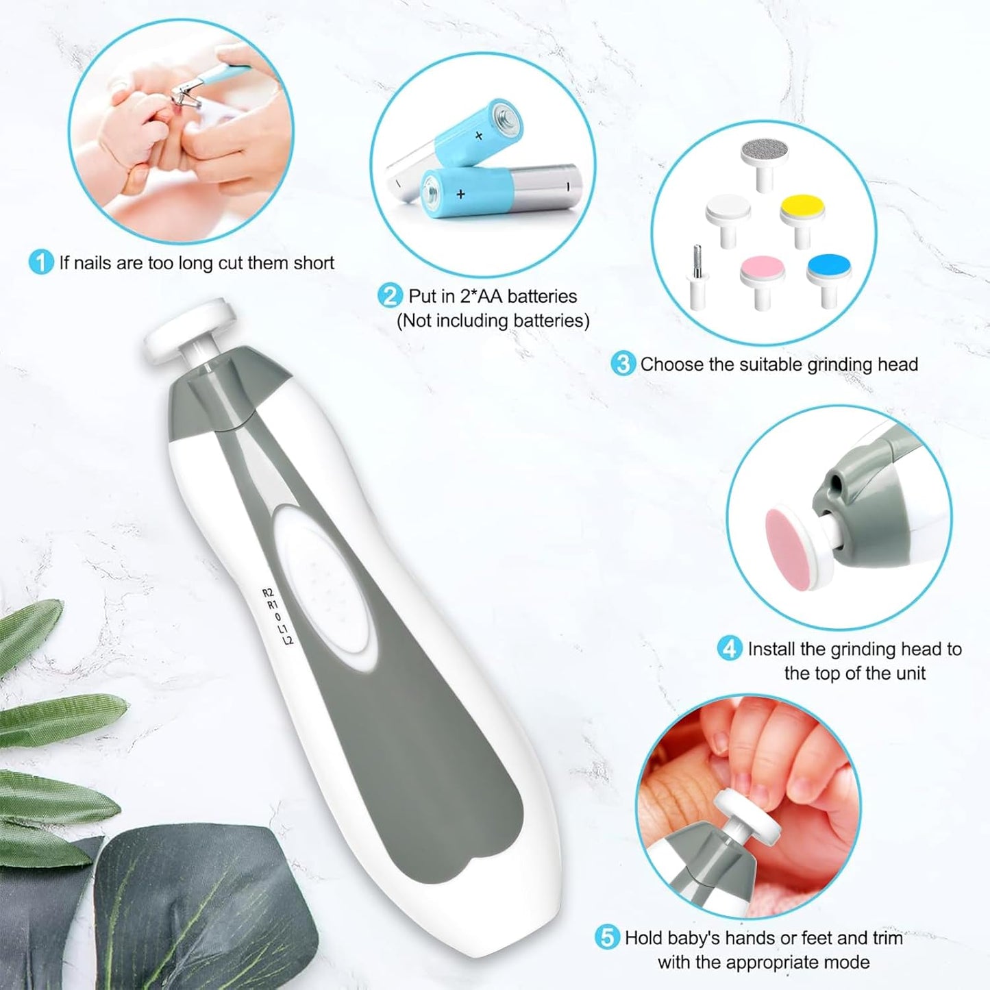 Qunlions life Electric Nail File Drill for Baby, No Sharp Claws Hurt, 6 in 1 Safety Cutter Trimmer Clipper for Toes and Fingers (Blue)