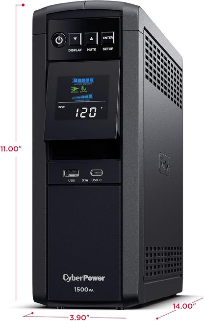 CyberPower CP1500PFCLCD PFC Sinewave UPS System, 1500VA/1000W, 12 Outlets, AVR, Mini Tower, Black