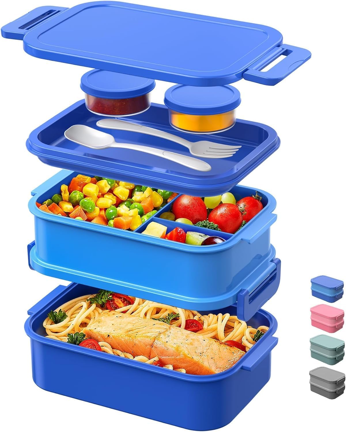 JSCARES Lunch Box Adults Bento Box - All-in-One Stackable 74 OZ Lunch Box Containers for Adult Large Bento Box with Fork Spoon Sauce Boxes, Leakproof Lunchbox for Work School Dining Out (Green)