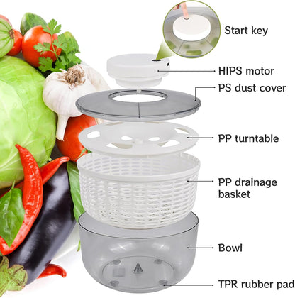 Electric Salad Spinner,6L Large Capacity Lettuce Spinner,Automatic Vegetables Fruit Washer Dryer Drainer Strainer,USB Charge,Quick Dehydrator with 350 ml Squeeze Bottle for Home Kitchen