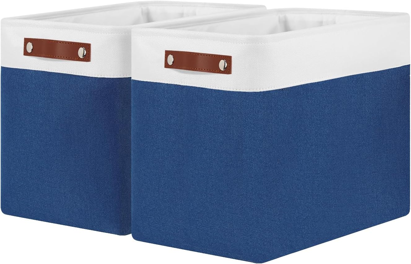 DULLEMELO Storage Baskets for Shelves, Fabric Collapsible Rectangular Storage Bins for Shelves, Closets, Nursery, Home, Office, Empty Gift Baskets (White&Teal)