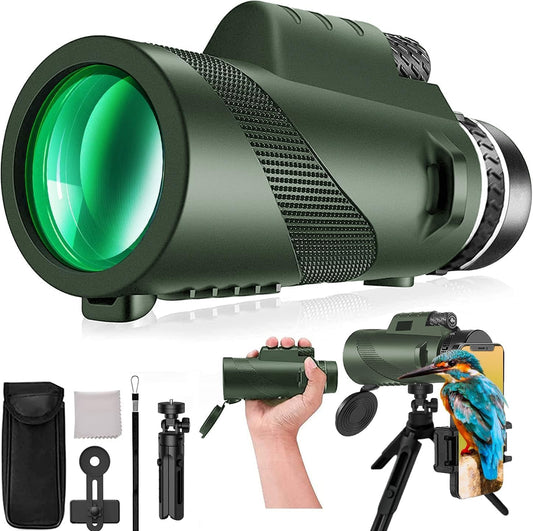 80x100 HD Monocular High Powered Large Vision Monoculars for Adults Monocular-Telescope for Bird Watching Hunting Hiking Travel Wildlife Green