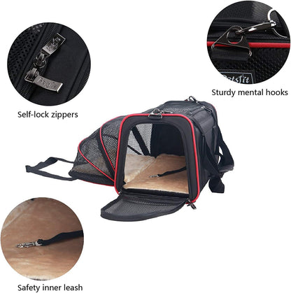 Petsfit Expandable Cat Dog Carrier Airline Approved, 17" L x 11" W x 11" H Soft-Sided Portable Pet Travel Carrier for Kitten, Puppy, Removable Soft Plush Mat and Pockets, Auto-Locking Zippers