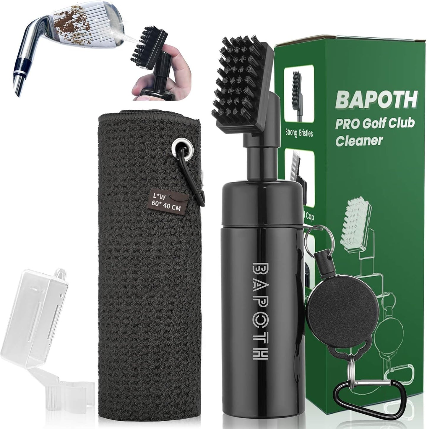 BAPOTH Golf Club Cleaner, Non-Leaking Stretchable Golf Brush with Golf Towel (60 * 40cm), Strong Bristles Brush Can Hold 5 oz Water, Essentials Golf Accessories Gifts for Men Women