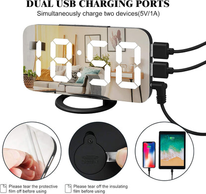 Digital Alarm Clock,Large LED Mirror Display, 2 USB Charging Ports，Auto Dim Mode，Modern Design Clock for Bedroom Office, White