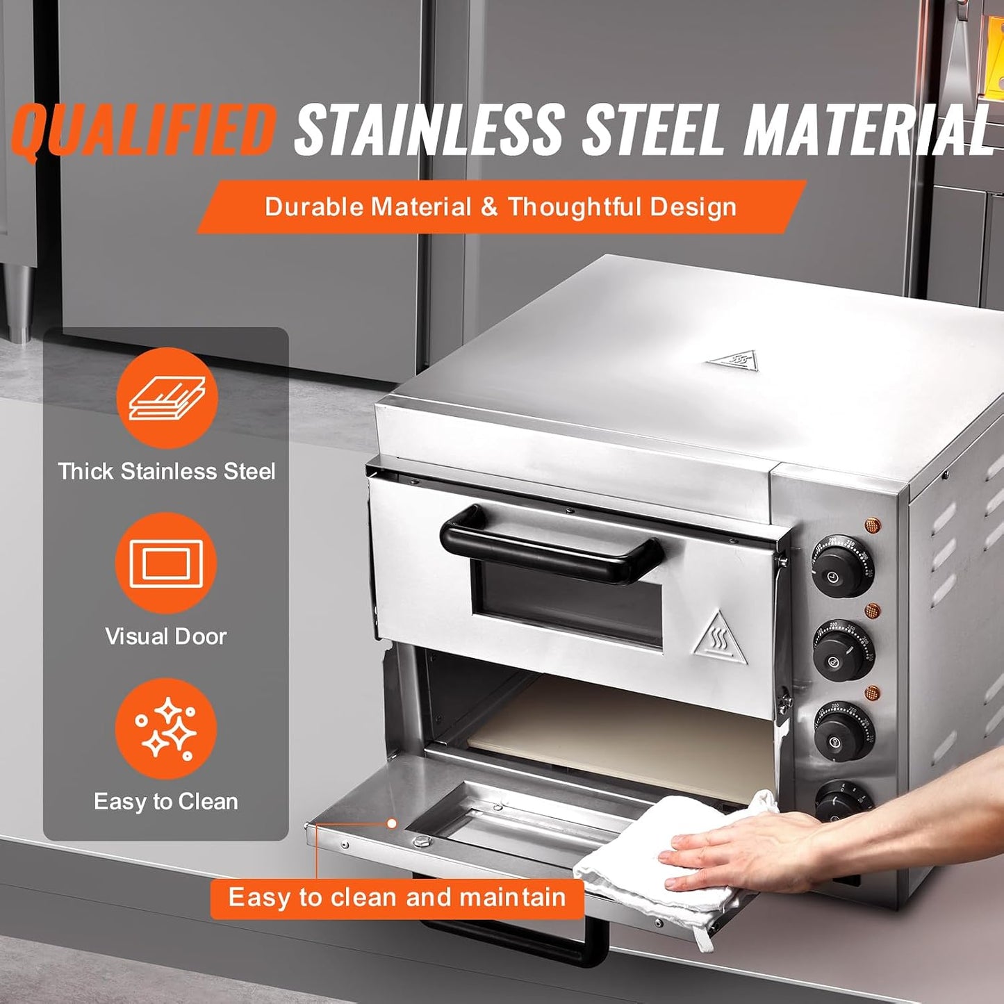 Commercial Countertop Pizza Oven, 14-Inch Dual-Layer Design, Stainless Steel Electric Pizza Maker with Stone and Handle, Versatile Indoor Baking Appliance for Home and Restaurant Use