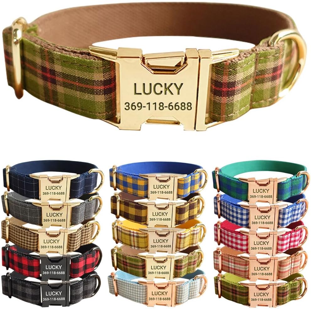 PETDURO Personalized Buffalo Plaid Dog Collar Red Black - Engraved Name and Phone Number on Black Metal Buckle - Custom for Small Medium Large Boy Girl Dogs - Add Leash Bow Tie via Customize Now