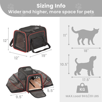 Petsfit Expandable Cat Dog Carrier Airline Approved, 17" L x 11" W x 11" H Soft-Sided Portable Pet Travel Carrier for Kitten, Puppy, Removable Soft Plush Mat and Pockets, Auto-Locking Zippers