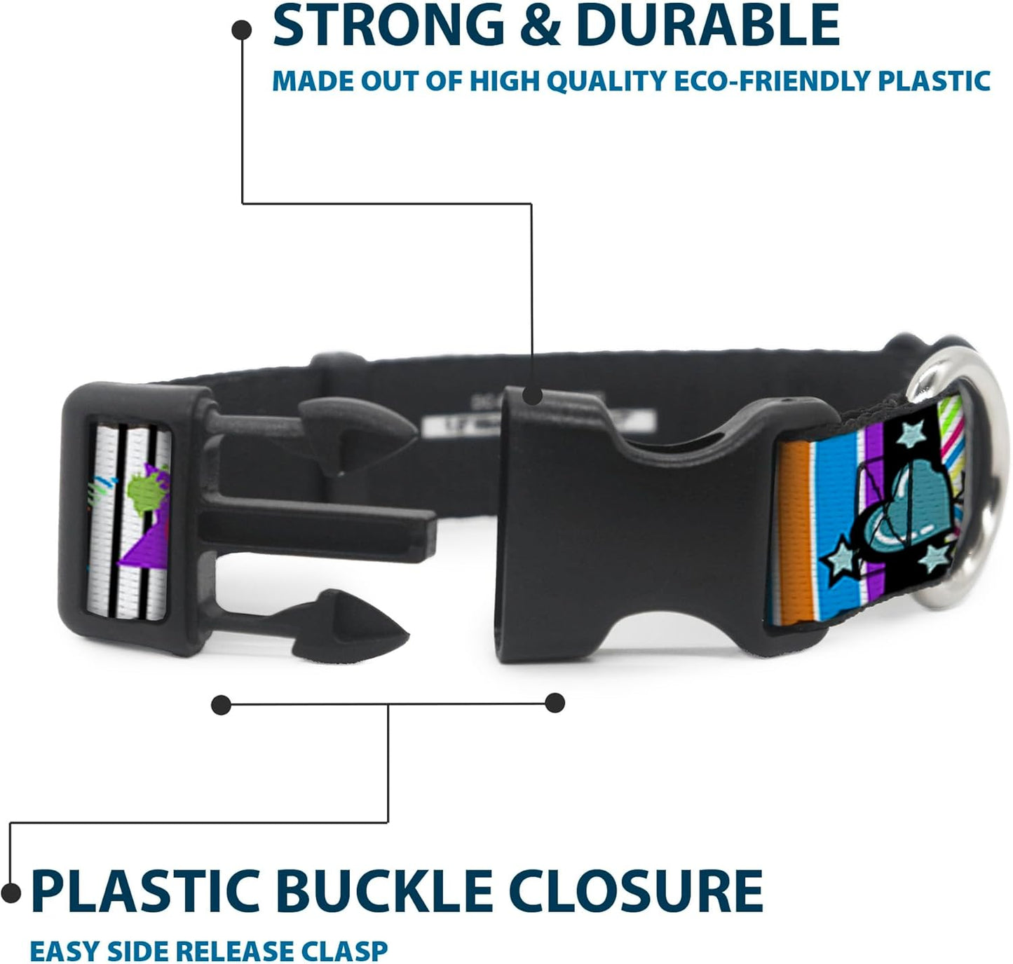 Buckle-Down PC-W21909-M Dog Collar Plastic Clip Buckle, 1"x11"-17", Star Black/White