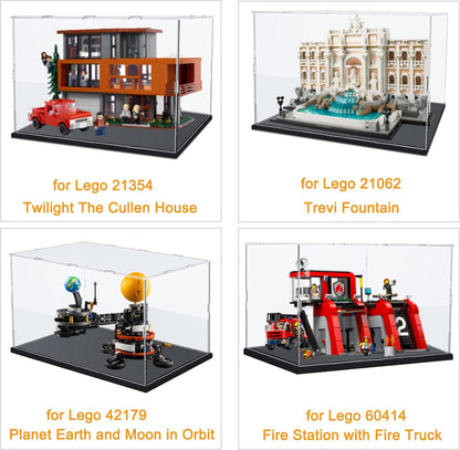 Thickened Clear Acrylic Display Case for Lego 10330 43268 76450 42170 10295 10353 Collectibles, Transparent Box Dustproof Protection with Wood-Plastic Base & String Light, Black Inside 40x20x20cm