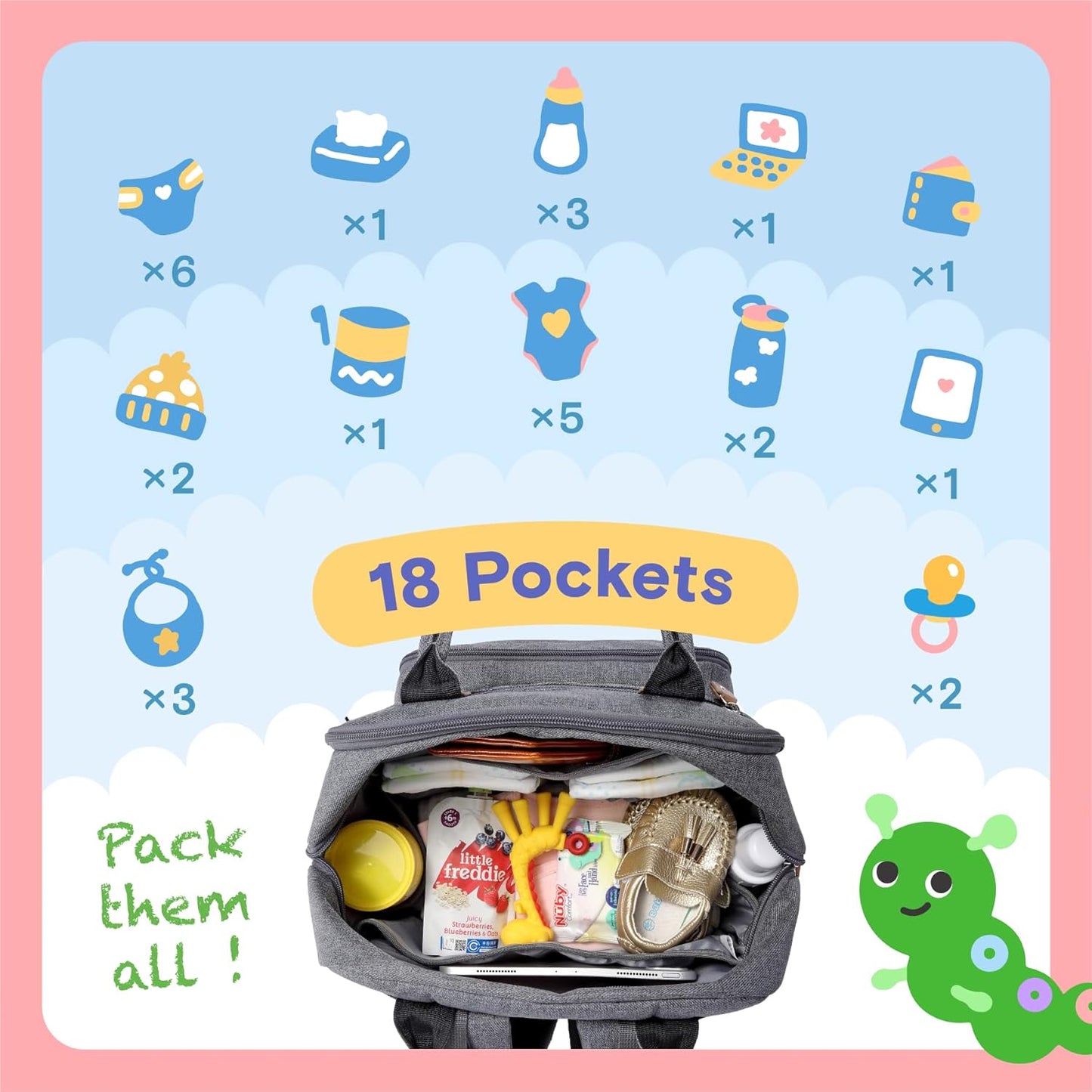 Diaper Bag Backpack, iniuniu Large Baby Bags with Diaper Pouch, Washable Changing Pad, Pacifier Case and Stroller Straps