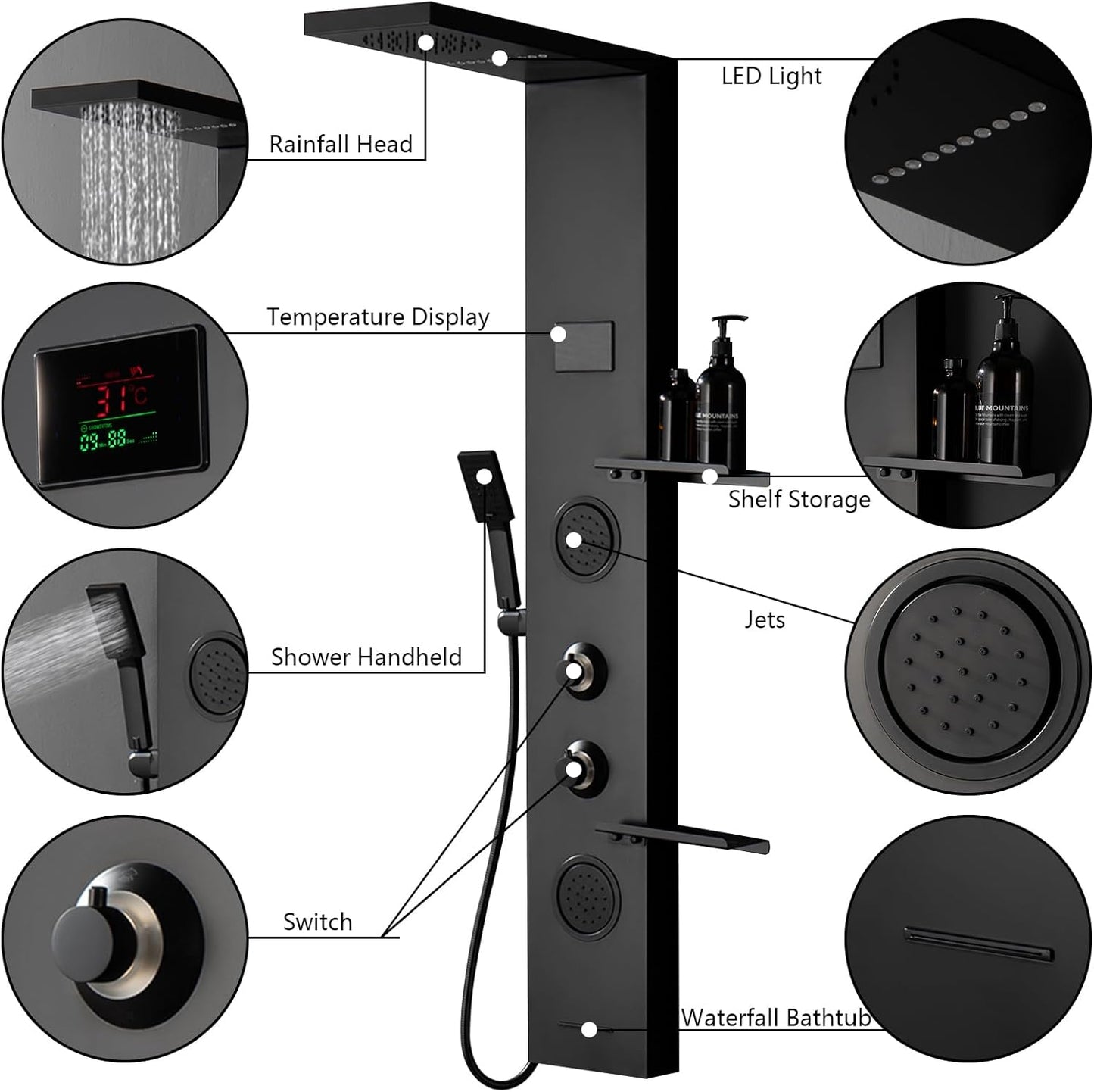 BATHLAVISH LED Black Shower Panels, Shower Tower with Storage Shelf 304 Stainless Steel System with Rainfall Shower Head with Handheld Massage Body Jets Bathroom Matte Black Waterfall Bathtub