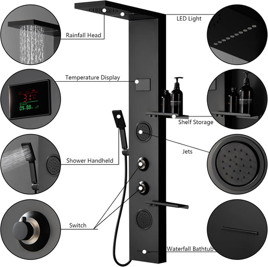 BATHLAVISH LED Black Shower Panels, Shower Tower with Storage Shelf 304 Stainless Steel System with Rainfall Shower Head with Handheld Massage Body Jets Bathroom Matte Black Waterfall Bathtub - PuriLite
