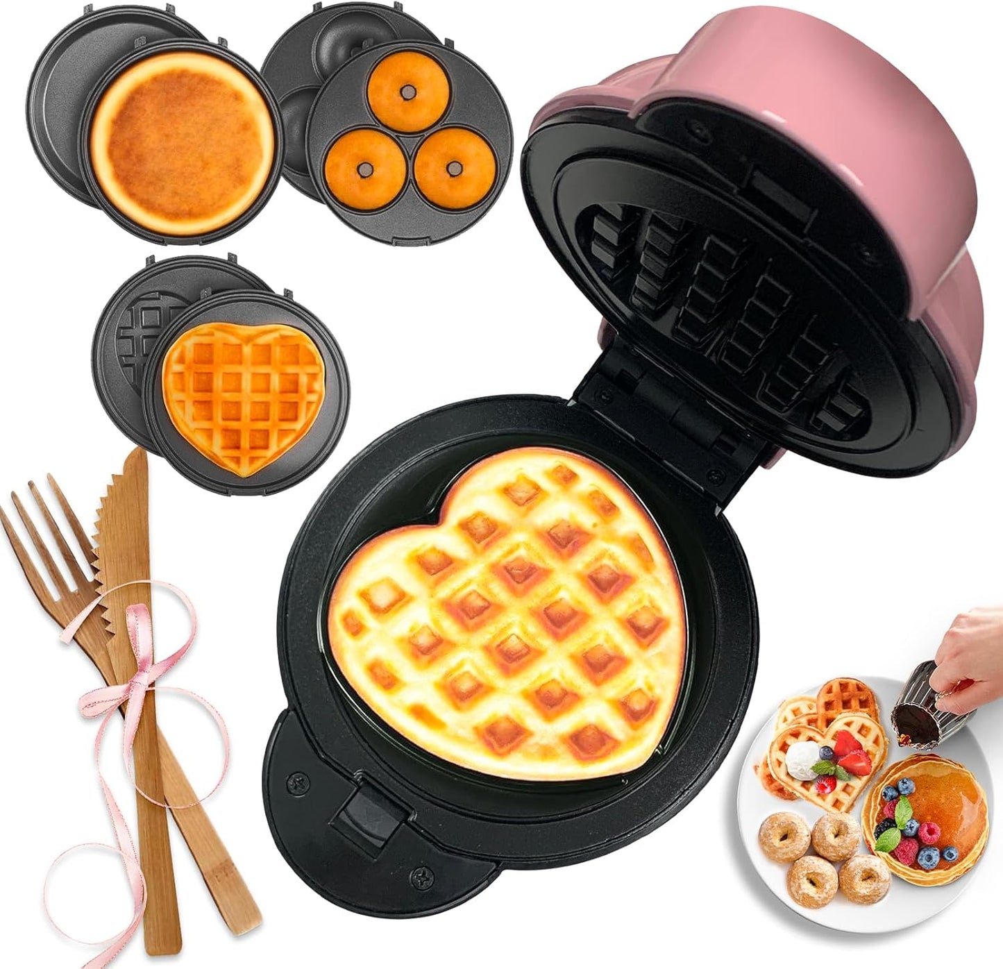 GVAKMM Mini Waffle Maker(Heart),Small Waffle Maker Keto,Mini Wafflera Iron for Kids Family and Individuals,4'' Non Stick Cooking Plates with Fast & Even Heating(Pink)