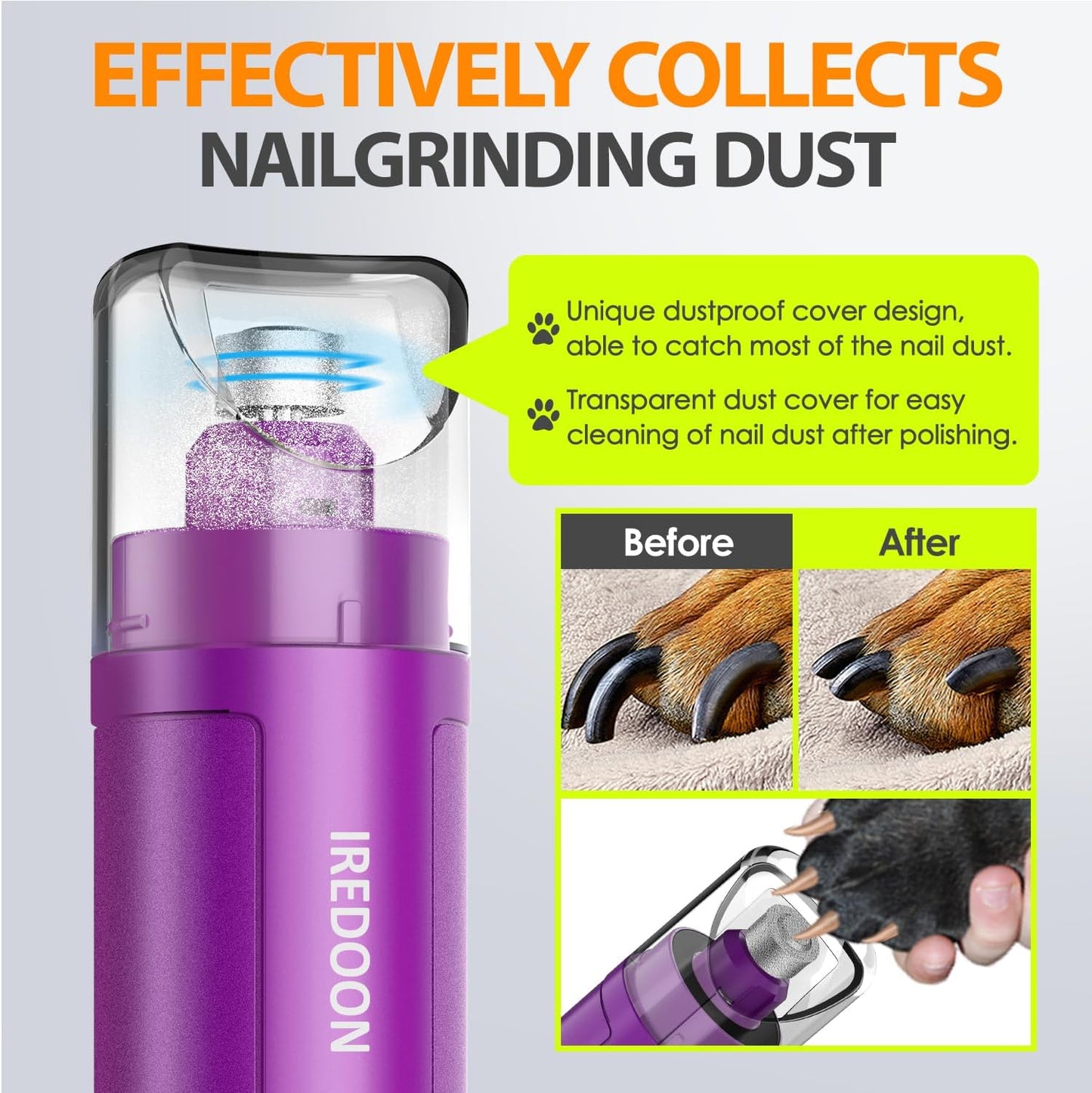 IREDOON Dog Nail Grinder Upgraded - Professional 3-Speed Super Quiet and Low Vibration Electric Pet Nail Grinder with 4 LED Lights - Painless Paws Grooming & Smoothing for Small to Large Dogs (Purple)