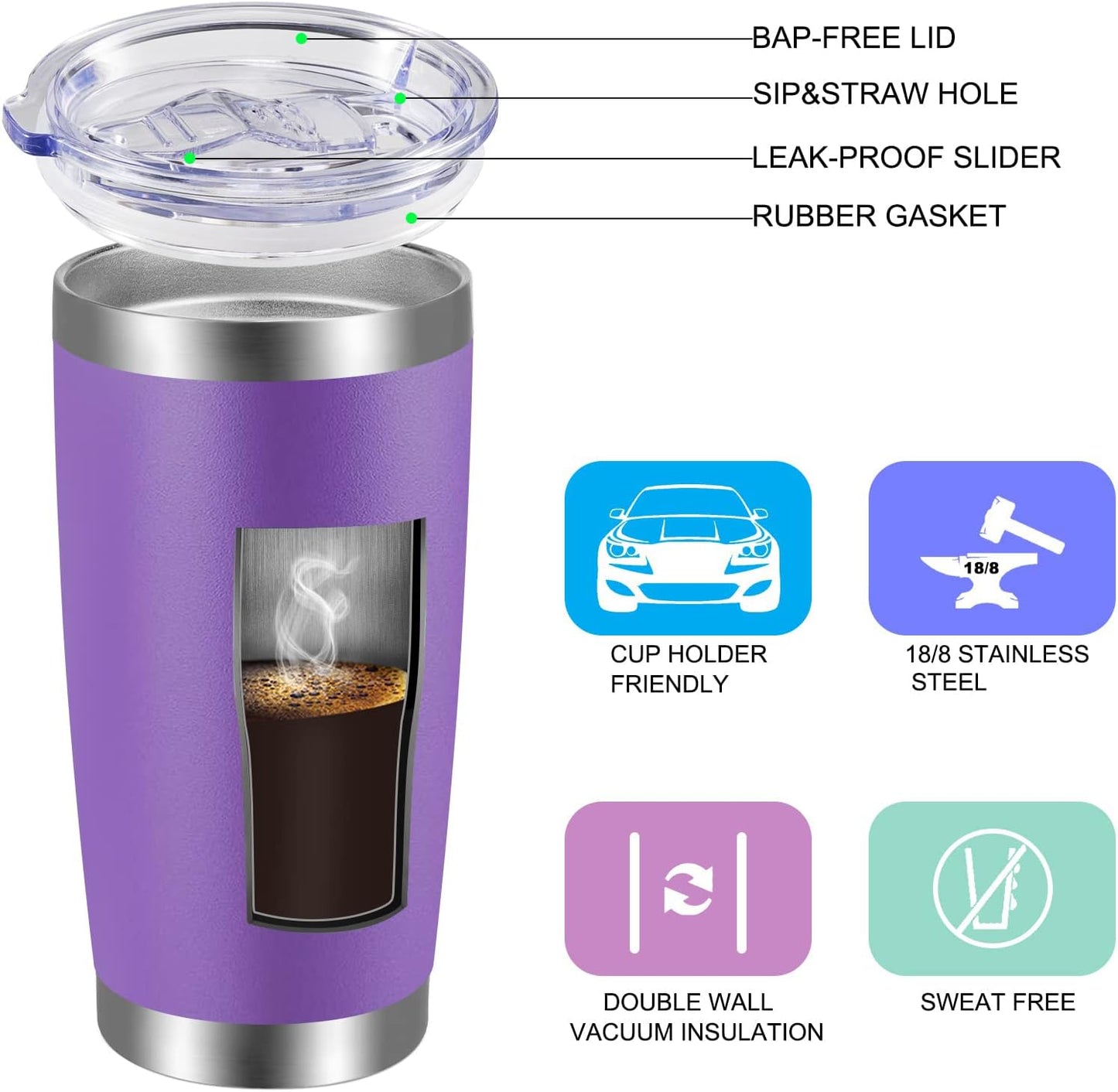 VEGOND 20oz Tumbler with Lid and Straw Stainless Steel Tumbler Cup Bulk Vacuum Insulated Double Wall Travel Coffee Mug Powder Coated Coffee Cup (Bluish Violet 6 Pack)
