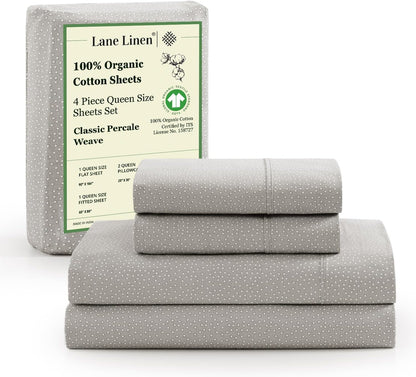 Lane Linen 100% Organic Cotton Queen Sheet Set, 4-Piece Percale Bed Sheets for Queen Bed - Soft, Breathable, Hypoallergenic, Deep Pocket Fits Mattress Up to 15" Deep, Hotel Quality Sheets - White