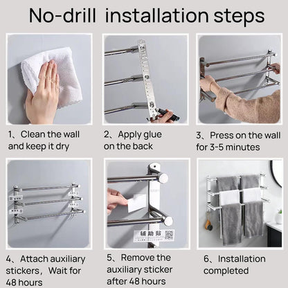 SUS304 Three Bar Adjustable Towel Rack, Expandable Range:16.5 in to 29.9 in, Bathroom Towel Holder with Double Hooks,Two Installation Methods:Drillinstallation and No-Drill Installation.(Silvery)