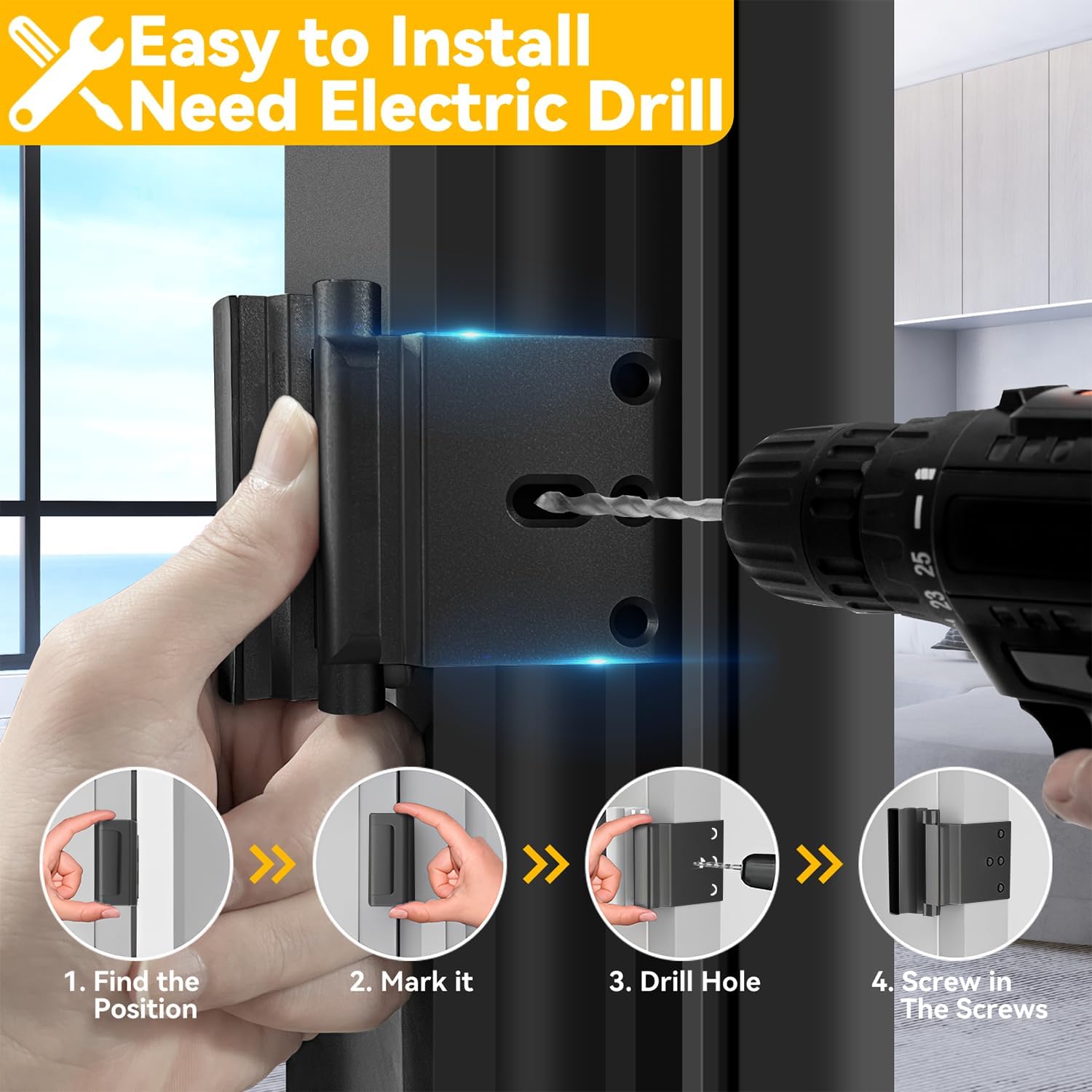 Heavy-Duty Door Reinforcement Lock for Inward Swinging Doors, Withstands 800 lbs, Pin Tumbler Security Lock, Drill-In Installation, Extra Home Security & Privacy (2 Pack, Black) - PuriLite