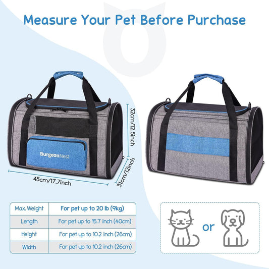 BurgeonNest Cat Carriers for Medium Cats Under 25 lbs, Pet Carrier for Cats with Unique Side Bag,Top Load Small Pet Carrier Soft-Sided Escape Proof with 4 Ventilated Windows - PuriLite