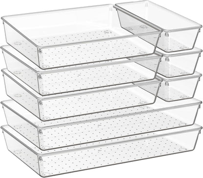 Criusia Large Drawer Organizer Bins 26 Pack | Complete 5 Size Clear Plastic Kitchen Drawer Organizers for Utensils | Bathroom Drawer Organizer Trays | Versatile for Makeup Office Organization