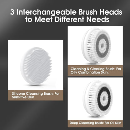 Facial Cleansing Brush Electric Facial Exfoliating Massage Brush with 3 Cleanser Heads and 2 Speeds Adjustable for Deep Cleaning, Removing Blackhead, Face Massaging