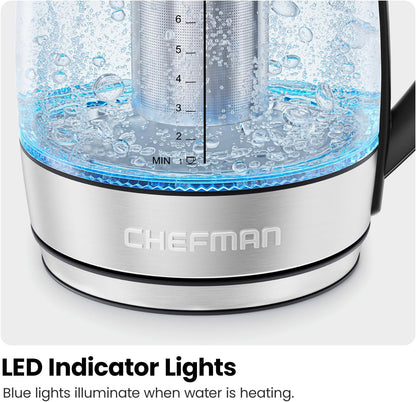 Chefman Electric Kettle for Boiling Water, 1.8L 1500W, Removable Tea Infuser, Auto Shut Off, Boil-Dry Protection, BPA Free, Borosilicate Glass, Hot Water Boiler, Electric Tea Kettle - Stainless Steel