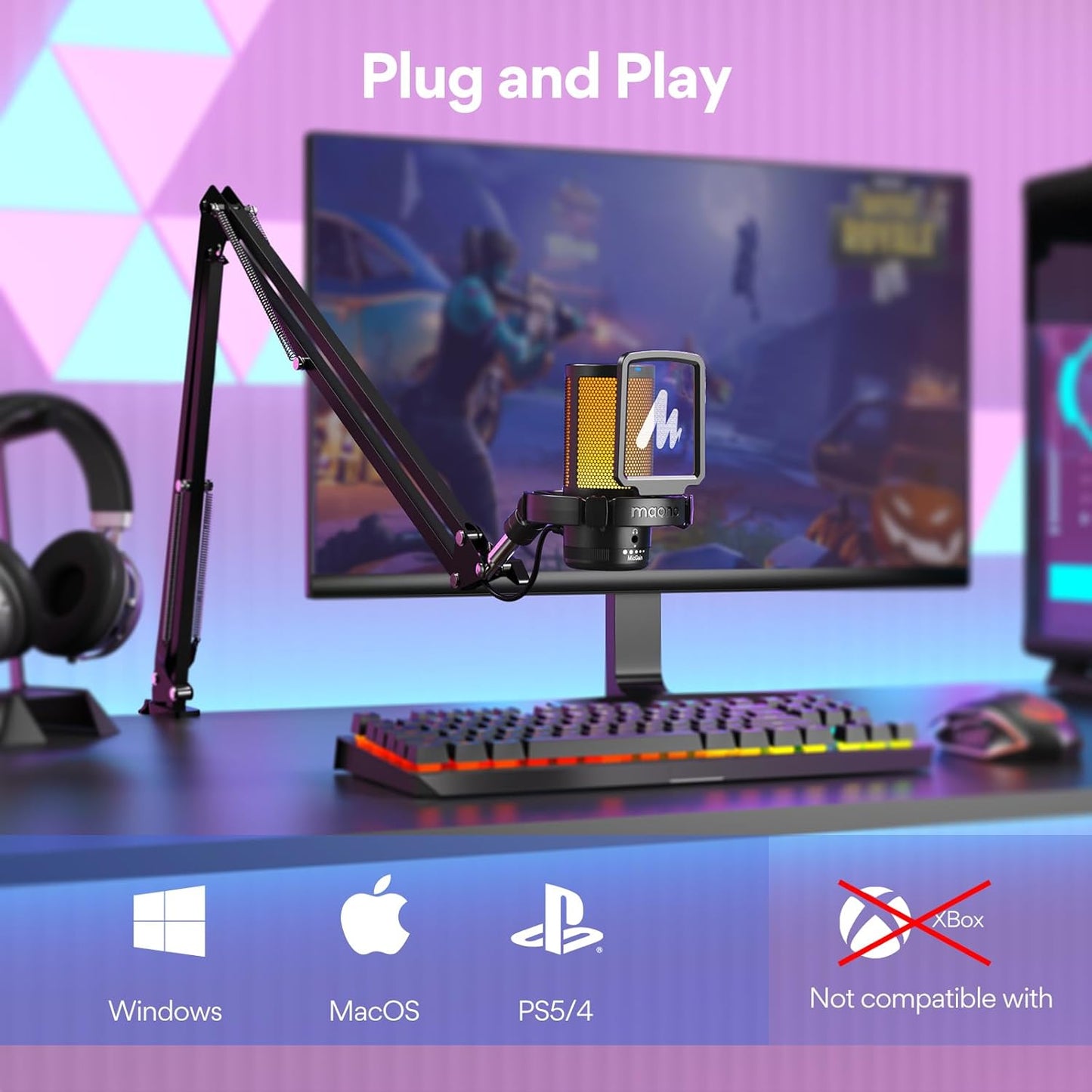 MAONO Gaming USB Microphone, Noise Cancellation Condenser mic with Mute, Gain, Monitoring, Boom Arm for Streaming, Podcast, Vocal, Twitch, YouTube, Discord, PC, Computer, PS4, PS5, Mac, DGM20S