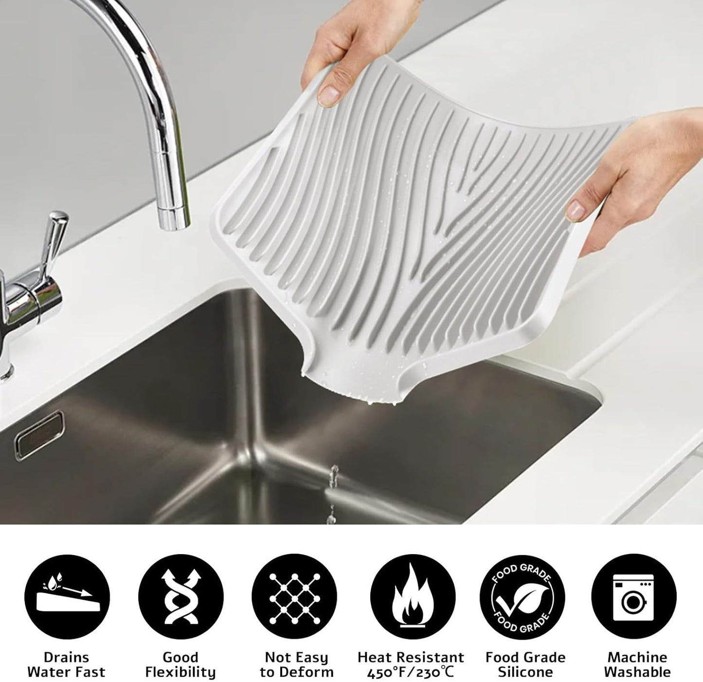 TIKNIK Silicone Dish Drying Mat for Kitchen Counter, Dish Drying Pad, Non-Slip Drain Pad with Built-in Drain, Heat Resistant Stone Drying Mat(40 L x 33 W cm, Grey)