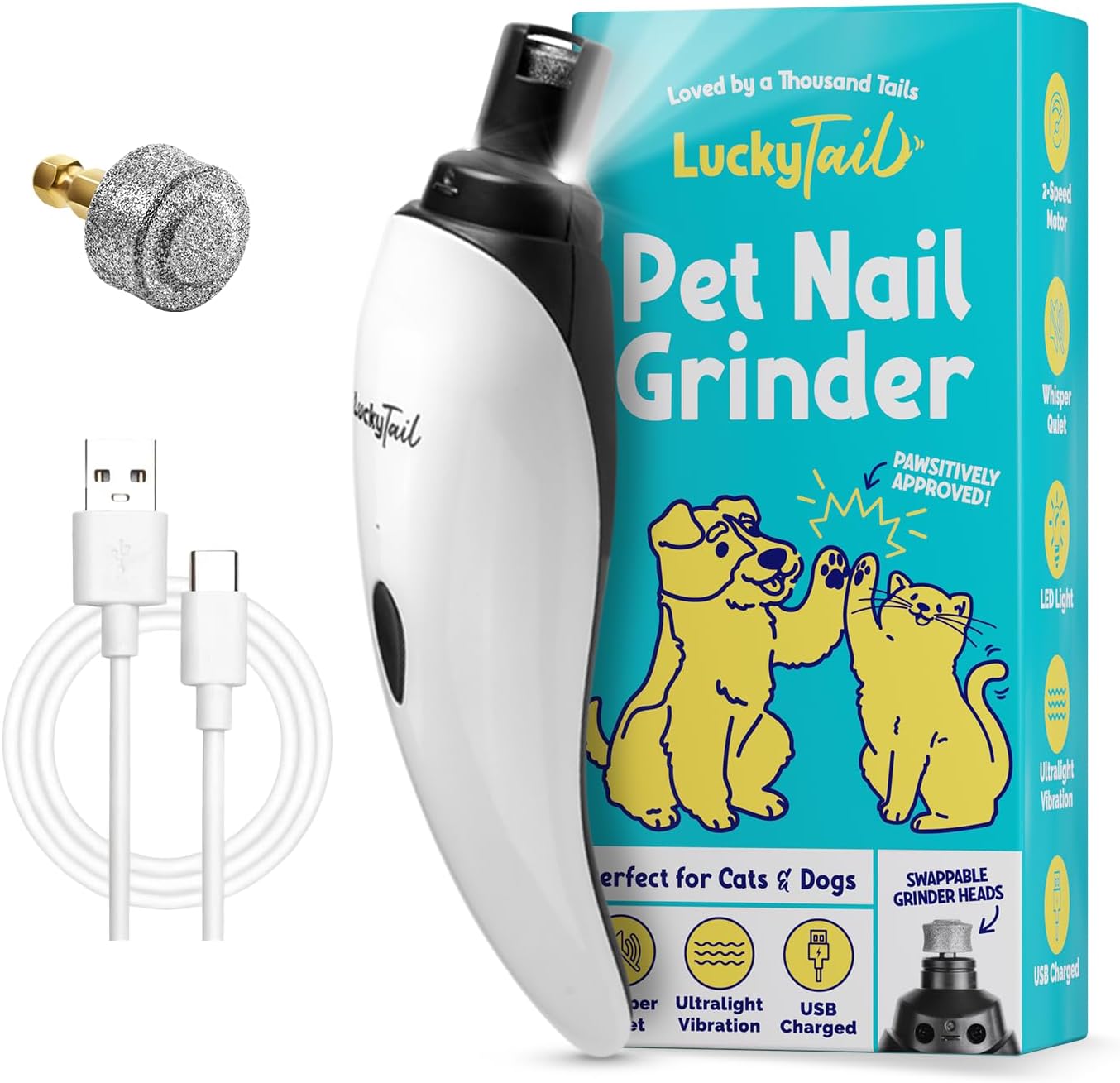 LuckyTail - Dog Nail Grinder - Small & Large Dogs - Silent Operation (30 - 50 dB) - Powerful 2-Speed Motor (8,000 & 10,000 RPM) - LED Light - Rechargeable - Pet Grooming Kit - Dog Nail Trimmers