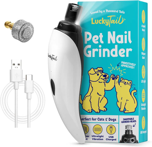 LuckyTail - Dog Nail Grinder - Small & Large Dogs - Silent Operation (30 - 50 dB) - Powerful 2-Speed Motor (8,000 & 10,000 RPM) - LED Light - Rechargeable - Pet Grooming Kit - Dog Nail Trimmers