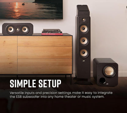 Polk Audio Signature Elite ES8 Subwoofer (Black), 8" Long-Throw Woofer with Mineral-Filled Polymer Cone, 100W Class D Amplifier, Front Firing Home Subwoofer, Time-Smart Phase Control