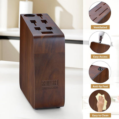HOSHANHO Magnetic Knife Block 14 x 10 Inches, Double Sided Magnetic Knife Holder Rack for Kitchen Counter, Acacia Wood Magnetic Knife Storage Stand with Knife Sharpener