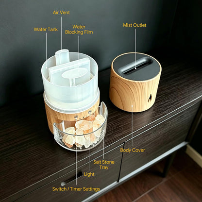 5-in-1 Flame Himalayan Salt Lamp Ultrasonic Essential Oil Diffuser, Cool Mist Humidifier, 1H/3H/6H Timer, Auto Shut-Off, Quiet Aromatherapy, 100% Pure Salt Crystals, 250ml (Wood)