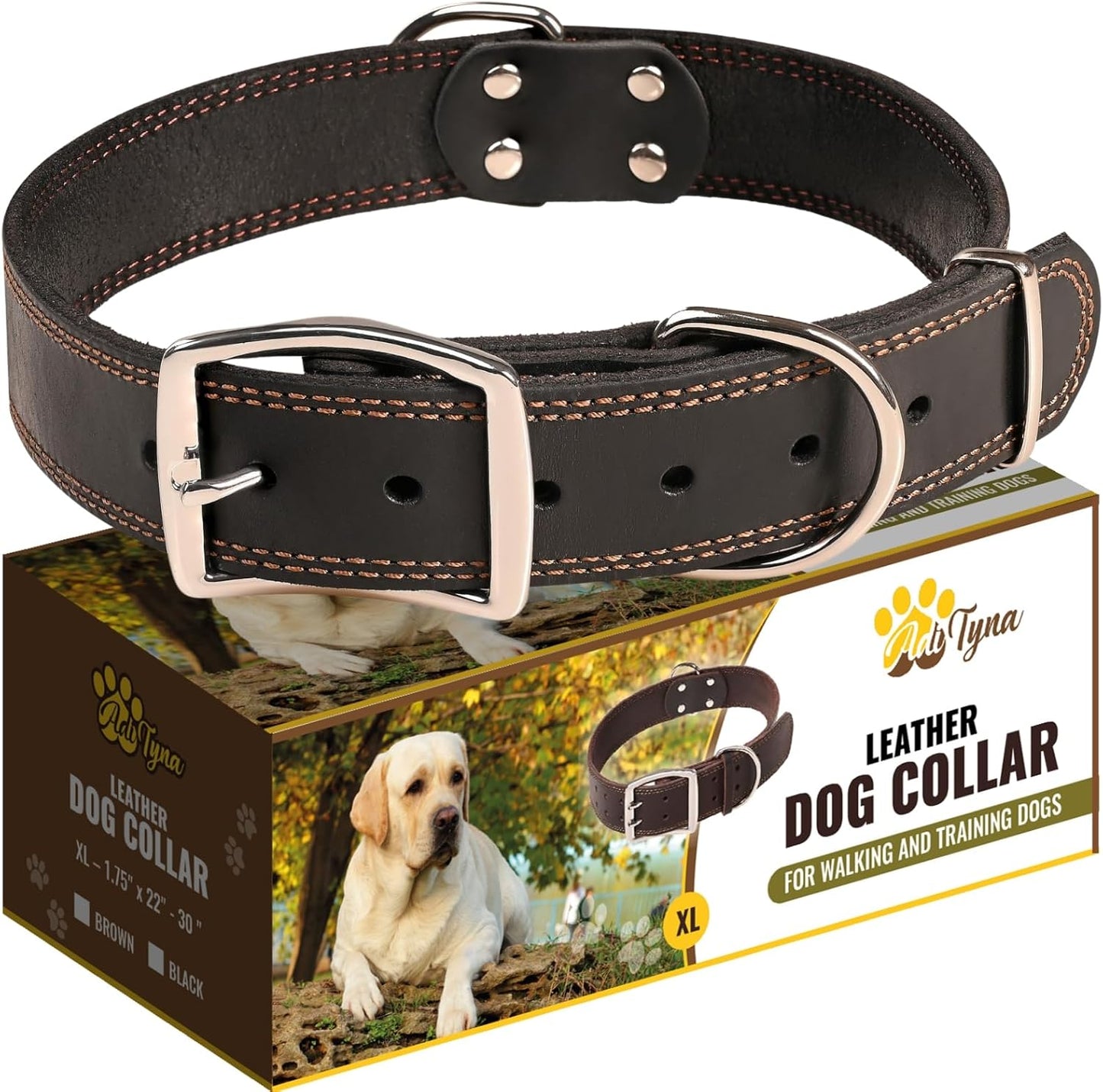 ADITYNA Heavy-Duty Leather Dog Collar for Medium Dogs - Soft and Strong, 100% Genuine Leather - Collier Pour Chien (Medium: Fit 13" - 20" Neck, Brown)
