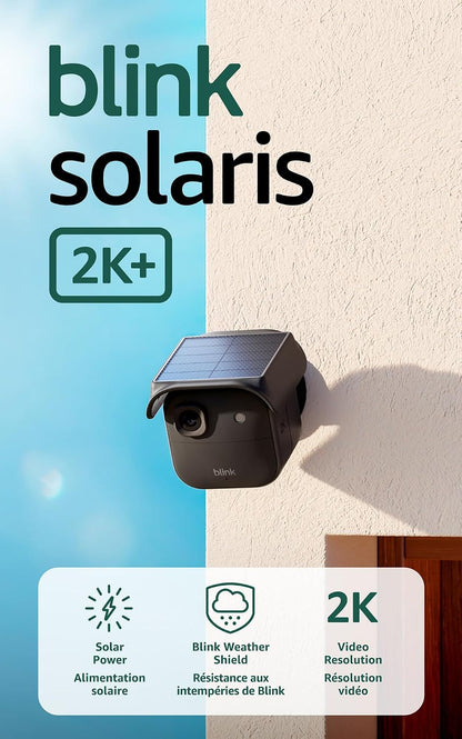Blink Solaris 2K+ (newest model) — Solar-powered battery smart security camera, wireless fixed solar panel, 2K video, Sync Module Included — 2 camera system (Black)