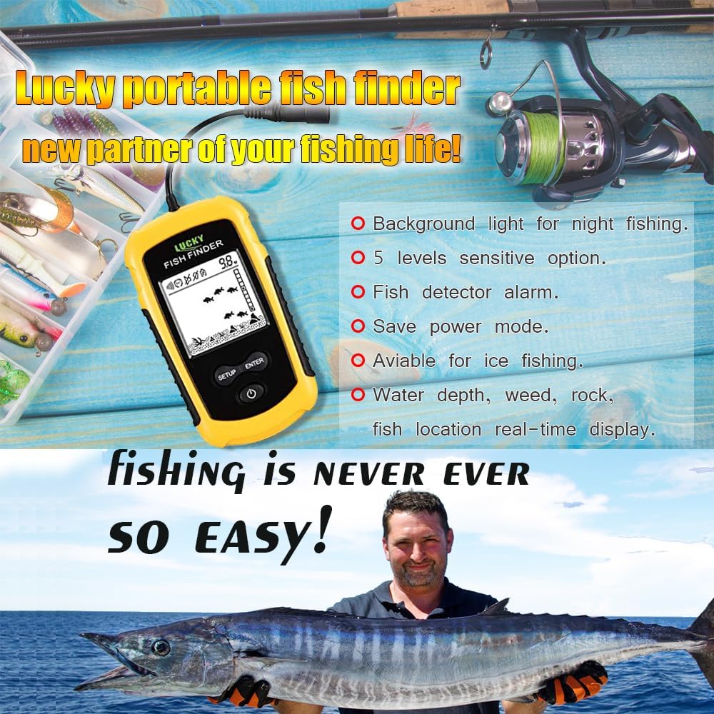 Lucky Kayak Handheld Fish Finder Sonar LCD Wired Fish Finder Transducer Boat Water Depth Finders Display FF1108-1