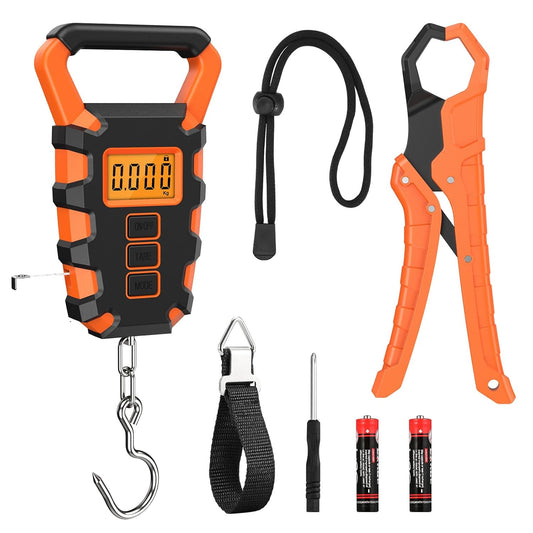 ORIA Fish Scale Digital, Fishing Scale, Fish Scale with Ruler and Fish Gripper, 110lb/50kg Baggage Weighing Scale, Backlit LCD Display (Orange)