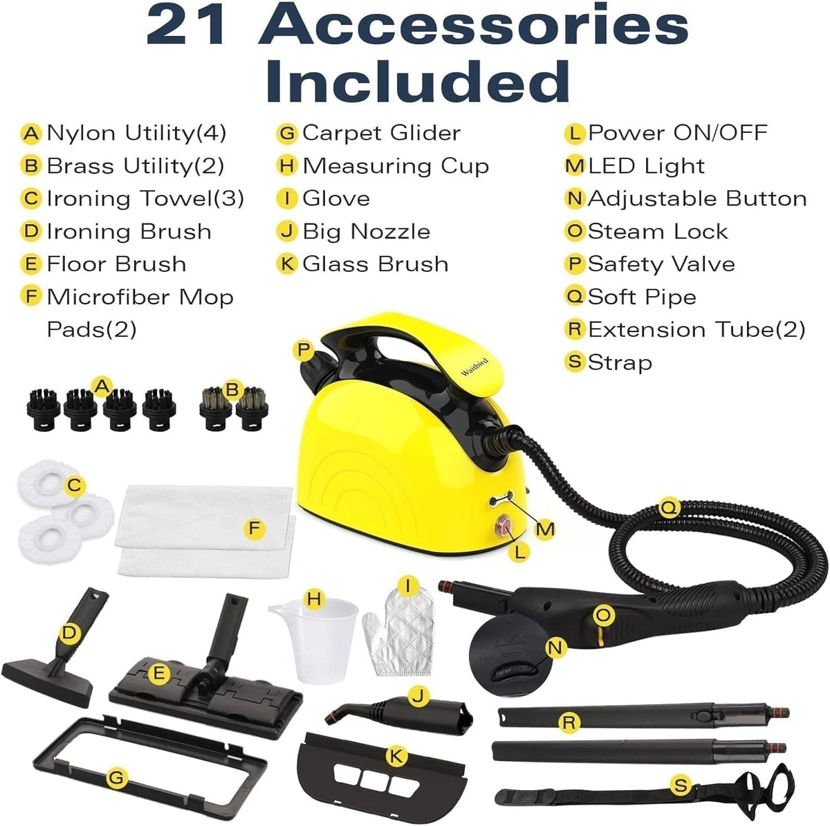 Waitbird Steam Cleaner, Multipurpose Powerful Steamer with 21 Accessories, Portable Handheld Steam Mop with 38OZ Tank, Natural Cleaning for Home Use, Floor, Grout, Tile, Couch, Carpet, Car,Yellow