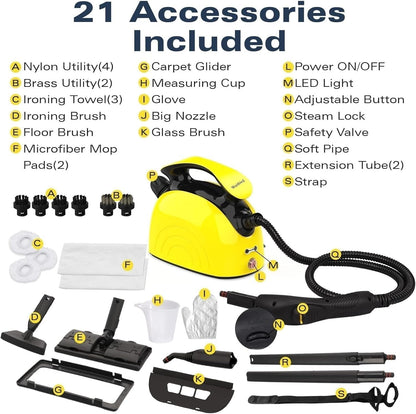 Waitbird Steam Cleaner, Multipurpose Powerful Steamer with 21 Accessories, Portable Handheld Steam Mop with 38OZ Tank, Natural Cleaning for Home Use, Floor, Grout, Tile, Couch, Carpet, Car,Yellow