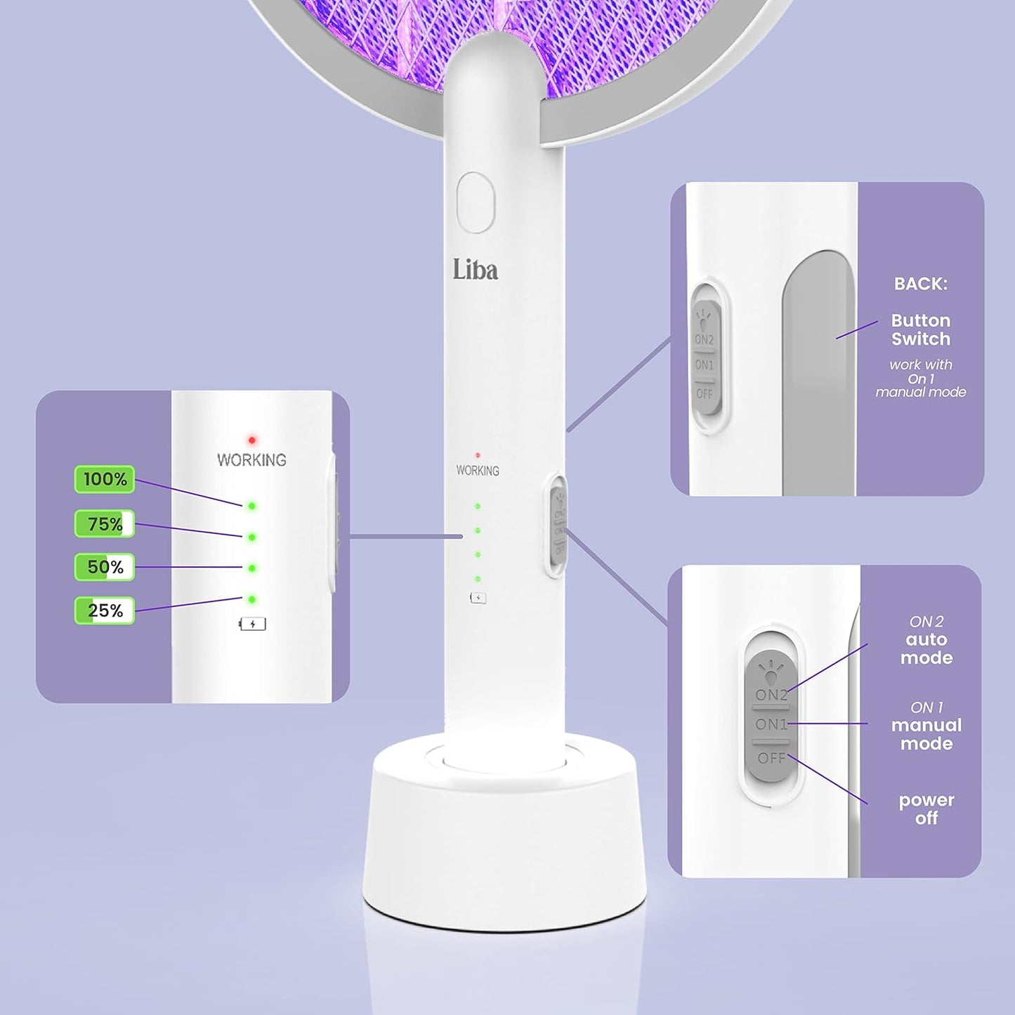 LiBa Electric Fly Swatter Racket, 2 in 1 Electric Bug Zapper USB Rechargeable, 4000V Indoor Outdoor Mosquito Zapper with 5 Layer Safety Mesh, Cordless Insect Killer Trap Home Office Camping Patio
