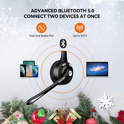 TECKNET Wireless Headset, Bluetooth Headphones with Noise Cancelling Microphone for Trucker, Hand Free Wireless Headset with Mute Mic for Cellphone/PC/Home/Office/Call Center