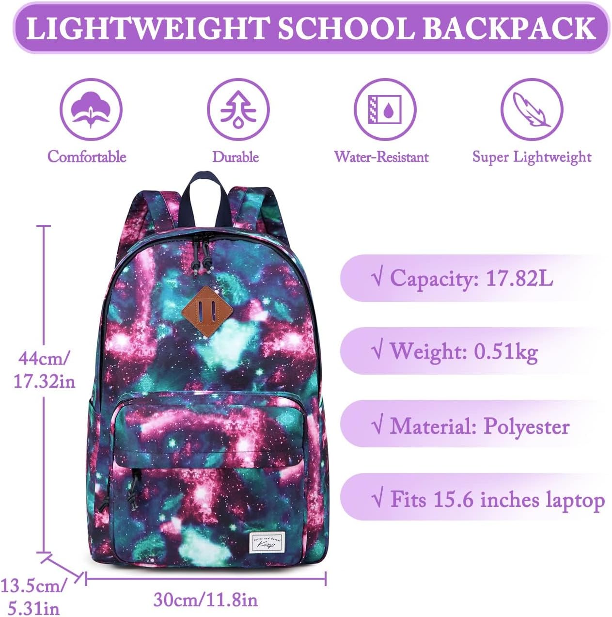 School Backpack, Kasqo 15.6 Inch Classic Lightweight Water-Resistant Backpack for Men Women Teens Girls Boys Kids to School, College, Travel, Work, Black