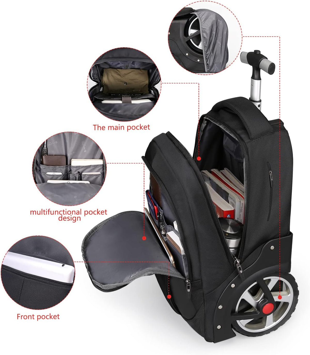 YH&GS Rolling, Waterproof Wheeled Backpack for Business, College, Travel; 52L, Fits 17 Inch Laptop; Patented 7-Inch Wide Wheel; Black