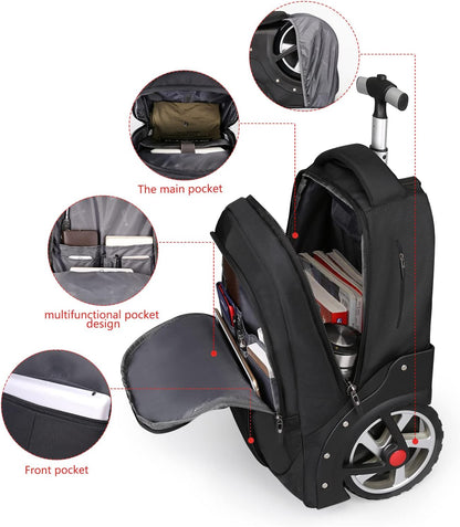 YH&GS Rolling, Waterproof Wheeled Backpack for Business, College, Travel; 52L, Fits 17 Inch Laptop; Patented 7-Inch Wide Wheel; Black