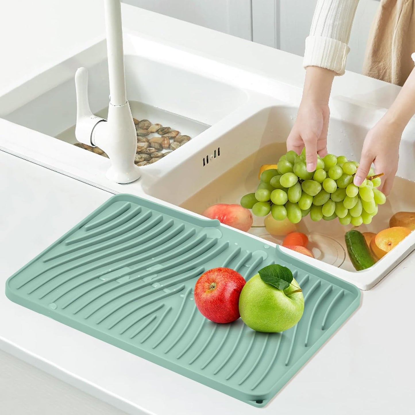 TIKNIK Silicone Dish Drying Mat for Kitchen Counter, Dish Drying Pad, Non-Slip Drain Pad with Built-in Drain, Heat Resistant Stone Drying Mat(40 L x 33 W cm, Grey)