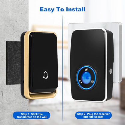 AURTEC No Battery Required Wireless Doorbell Waterproof, Door Chime Kit with 2 Plug-in LED Flash Receivers & 1 Press Self-Powered Transmitter, 51 Chimes and 4 Volume Levels, Black