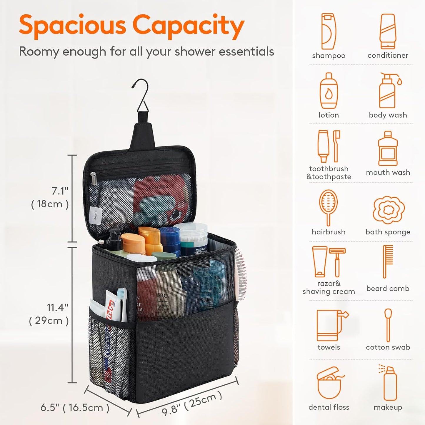 Lifewit Shower Bag Mesh Shower Caddy Portable College Dorm Room Essentials Tote Bag for Bathroom, Gym, Travel, Camping Quick Dry Hanging Shower Organizer Basket Toiletry Bag, Medium, Black