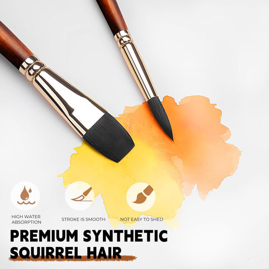 Fuumuui Watercolor Brushes Professional 10Pcs Synthetic Squirrel Hair | Watercolor Paint Brush Set for Artists - Flat, Round Pointed, Dagger, Cats Tongue Oval Wash for Watercolor Gouache Inks Painting